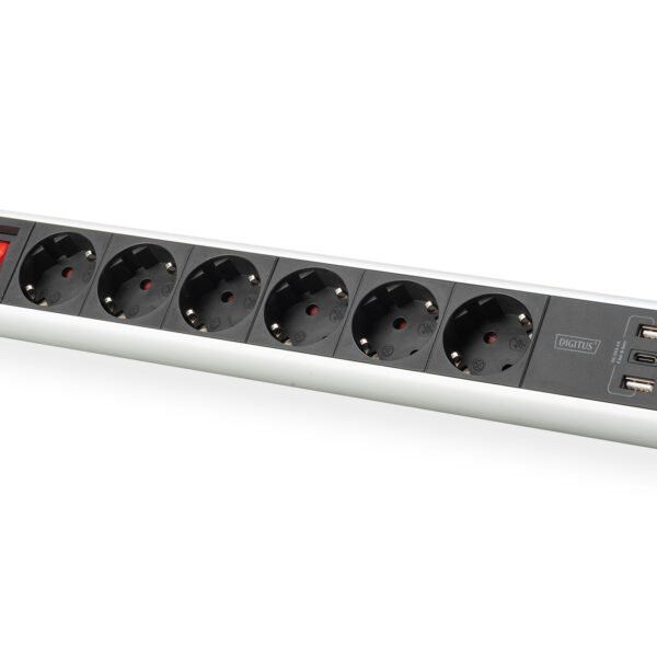 DIGITUS 6 way office power strip with 3x USB ports Aluminium Housing Black/Silver