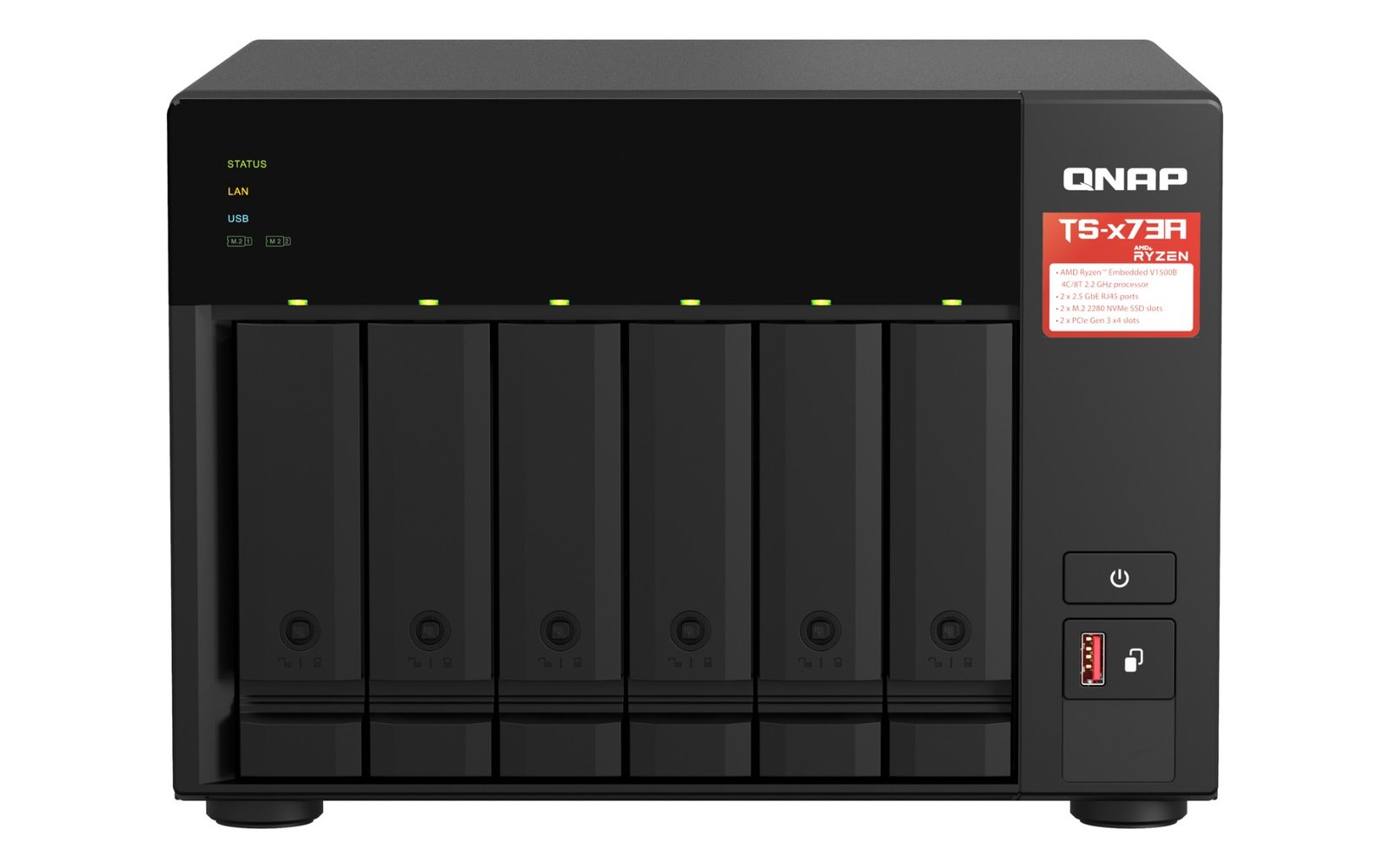 19sY1ObDLEWoFonphY268g.r.jpg QNAP AMD Ryzen Embedded V1500B 2.2GHz NAS Tower 6x 3.5 Inch Bays 8GB SO DIMM DDR4 (1 x 8 GB) 5GB Flash Black - Image 1