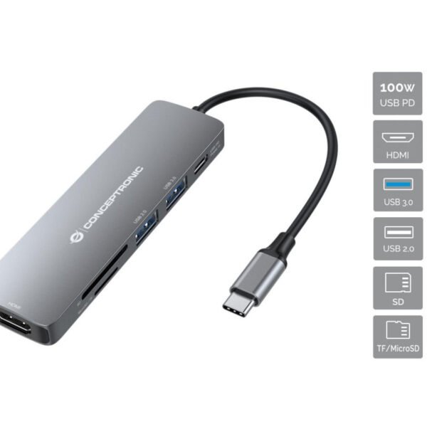 CONCEPTRONIC 6 in 1 USB 3.2 Gen 1 Docking Station HDMI 100W USB PD USB 3.0 USB 2.0 SD TF/MicroSD
