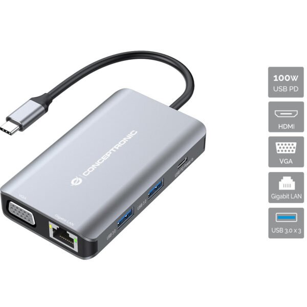 CONCEPTRONIC 7 in 1 USB 3.2 Gen 1 Docking Station HDMI VGA GbE LAN USB A 3.0 x 3 100W USB PD