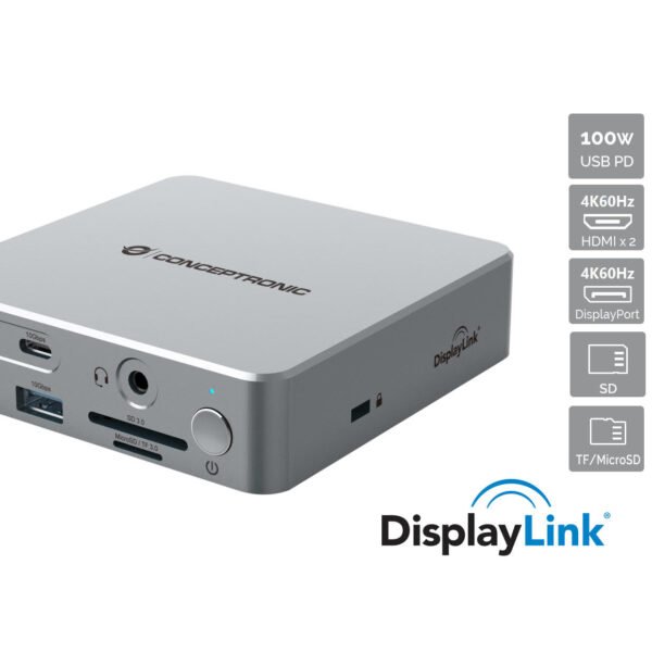 CONCEPTRONIC 15 in 1 DisplayLink USB 3.2 Gen 2 Docking Station USB A 5Gbps x 2 USB A 10Gbps x 2 USB C 10Gbps x 2 HDMI x 2 DisplayPo