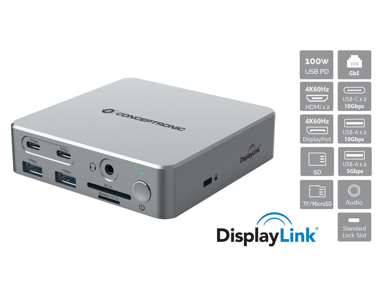 L76P0PqI8EuggH5bwTXwvg.r.jpg CONCEPTRONIC 15 in 1 DisplayLink USB 3.2 Gen 2 Docking Station USB A 5Gbps x 2 USB A 10Gbps x 2 USB C 10Gbps x 2 HDMI x 2 DisplayPo - Image 1