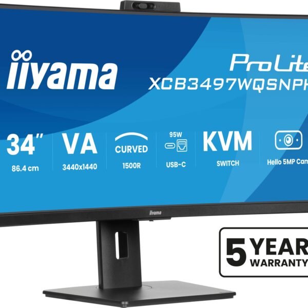 IIYAMA ProLite 34 inch Curved UltraWide Quad HD VA LED Monitor 3440x1440 USB C Dock KVM Switch Windows Hello Cam HAS / RJ45