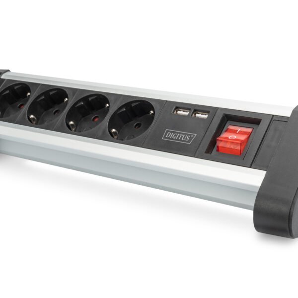 DIGITUS 4 way Office Power Strip with 2x USB On/Off Switch Alu housing USB out: 5V/2A Black/Silver